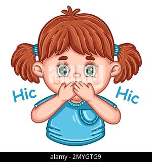 Ragazza eccitata singhiozzo bambino chiudere la bocca con l'icona mano. Suono HIC. Problemi di salute respiratoria, malattia di nausea. Bambino sorpreso. Basta parlare, silenzio. Vettore Illustrazione Vettoriale