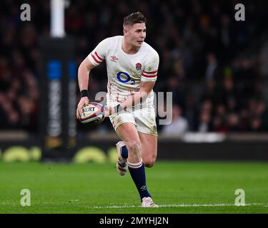 2023 Guinness Six Nations, Stadio di Twickenham, Inghilterra, Regno Unito. 4th febbraio, 2023. Freddie Steward in azione durante la partita delle sei Nazioni Guinness 2023 tra Inghilterra e Scozia: Credit: Ashley Western/Alamy Live News Foto Stock