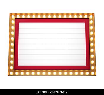 3d cartello rosso retrò e oro con lampadina luminosa gialla. Concetto di disegno di tabellone per cinema, casinò, marchee o nightclub . rendering di alta qualità 3d Foto Stock