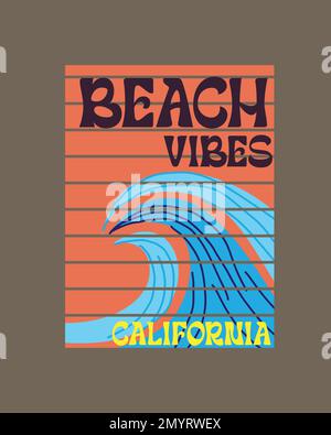 Vintage Beach Vibes California Typography retro Ocean wave illustration wall art Poster graphic design for t shirt print vector Illustrazione Vettoriale