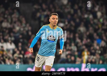 SIVIGLIA, SPAGNA - 4 FEBBRAIO: Iago Aspas di RC Celta de Vigo Focus durante la partita tra Real Betis Balombies e RC Celta de Vigo di la Liga Santander il 4 febbraio 2022 a Benito Villamarin a Siviglia, Spagna. (Foto di Samuel Carreño/ PX Images) Foto Stock