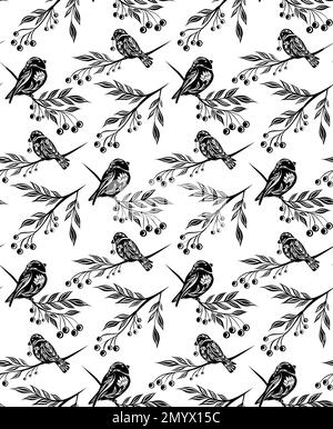 Motivo decorativo monocromatico senza cuciture con uccelli e bacche di rowan su rami su sfondo bianco. Texture nera vettoriale con palline Illustrazione Vettoriale