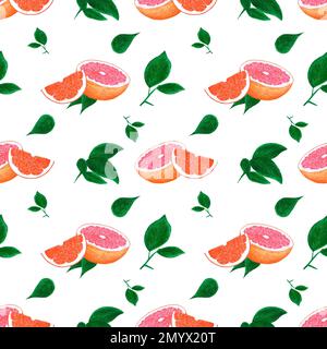 Pompelmo acquerello disegnato a mano un arancio con foglie verdi motivo senza cuciture su sfondo bianco. Album, cartolina, tessuto, tessuto Foto Stock