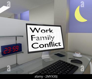 3D illustrazione di una postazione di lavoro personale, con lo script Work Family Conflict sullo schermo di un PC insieme a un orologio digitale che visualizza 23:59 e la m Foto Stock