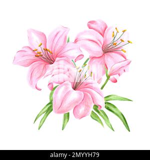 Acquerello dipinto a mano bouquet di fiori di giglio rosa con foglie verdi su sfondo bianco. Disegno di album, poster tipografico, etichetta, banner, cartolina Foto Stock