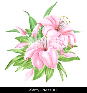 Acquerello dipinto a mano bouquet di fiori di giglio rosa con foglie verdi su sfondo bianco. Disegno di album, poster tipografico, etichetta, banner, cartolina Foto Stock