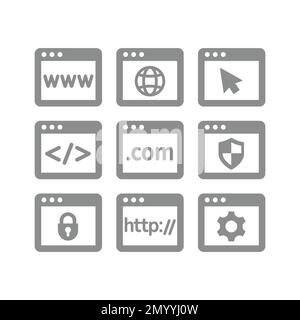 Pagina Web con set di icone vettoriali www e .com. Esplorazione del sito Internet, icone protette e frecce del cursore. Illustrazione Vettoriale