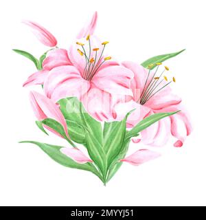 Acquerello dipinto a mano bouquet di fiori di giglio rosa con foglie verdi su sfondo bianco. Disegno di album, poster tipografico, etichetta, banner, cartolina Foto Stock