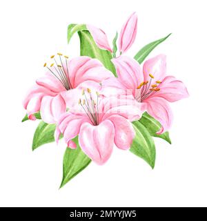 Acquerello dipinto a mano bouquet di fiori di giglio rosa con foglie verdi su sfondo bianco. Disegno di album, poster tipografico, etichetta, banner, cartolina Foto Stock