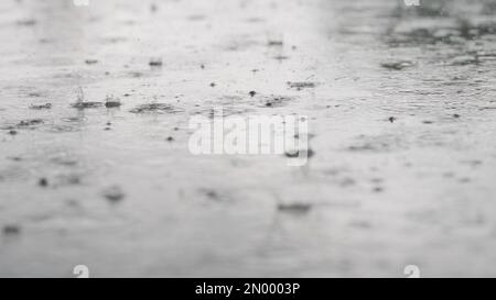 primo piano delle forti gocce di pioggia estive che cadono in pozzanghere su asfalto, foto grandangolare Foto Stock