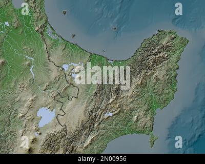 Bay of Plenty, consiglio regionale della Nuova Zelanda. Mappa dell'altitudine colorata in stile wiki con laghi e fiumi Foto Stock