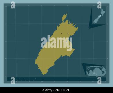 Marlborough, autorità unitaria della Nuova Zelanda. Forma a tinta unita. Posizioni delle principali città della regione. Mappe delle posizioni ausiliarie degli angoli Foto Stock