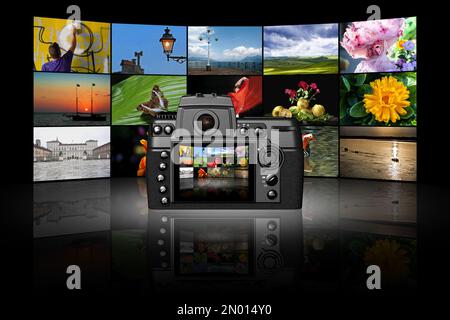 Illustrazione 3D. La fotocamera inquadra le fotografie sullo sfondo producendo una nuova fotografia. Foto Stock