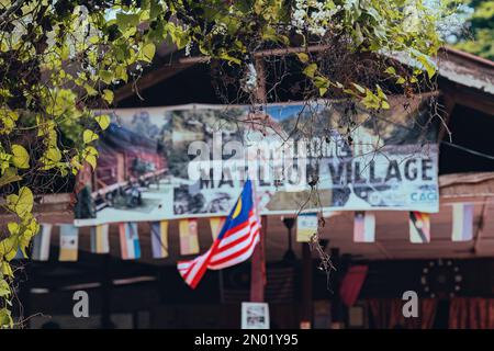 Pahang, Malesia - 24 settembre 2022 Creepers verdi con segnaletica 'welcom to Mat Leon Village' in primo piano. Foto Stock