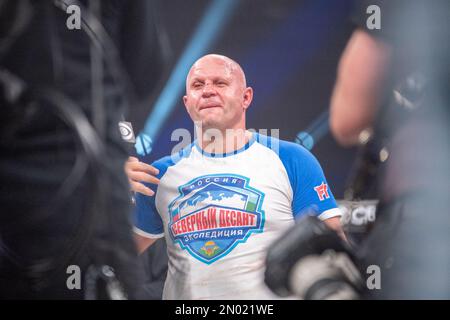 4 febbraio 2023, Los Angeles, CA, Los Angeles, CA, USA: LOS ANGELES, CA - 4 FEBBRAIO: Fedor Emelianenko reagisce dopo la sua perdita a Ryan Bader nella loro lotta di peso maggiore durante l'evento Bellator 290 al Forum del 4 febbraio 2023 a Los Angeles, CA, USA. (Credit Image: © Matt Davies/PX Imagens via ZUMA Press Wire) SOLO PER USO EDITORIALE! Non per USO commerciale! Foto Stock