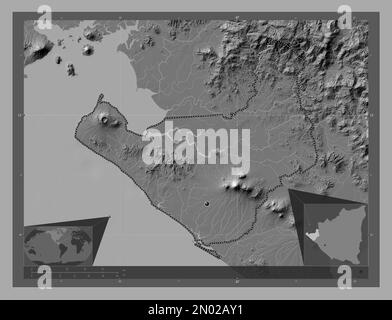 Chinandega, dipartimento del Nicaragua. Mappa altimetrica bilivello con laghi e fiumi. Mappe delle posizioni ausiliarie degli angoli Foto Stock