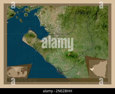 Chinandega, dipartimento del Nicaragua. Mappa satellitare a bassa risoluzione. Mappe delle posizioni ausiliarie degli angoli Foto Stock