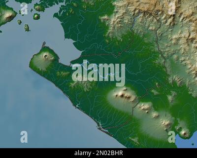 Chinandega, dipartimento del Nicaragua. Mappa di altitudine colorata con laghi e fiumi Foto Stock