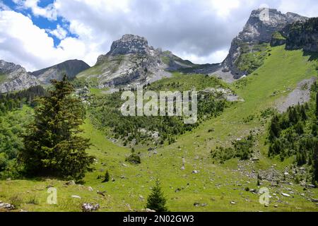 Vista dal Massiccio des Aravis, Les Confins, la Clusaz, alta Savoia, Francia Foto Stock