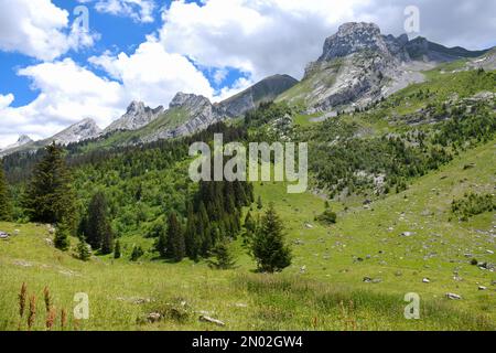 Vista dal Massiccio des Aravis, Les Confins, la Clusaz, alta Savoia, Francia Foto Stock