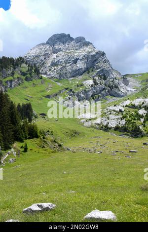 Vista dal Massiccio des Aravis, Les Confins, la Clusaz, alta Savoia, Francia Foto Stock