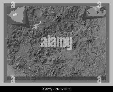 Matagalpa, dipartimento del Nicaragua. Mappa in scala di grigi con laghi e fiumi. Mappe delle posizioni ausiliarie degli angoli Foto Stock