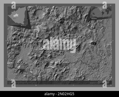 Matagalpa, dipartimento del Nicaragua. Mappa altimetrica bilivello con laghi e fiumi. Località e nomi delle principali città della regione. Ausiliario angolo l Foto Stock