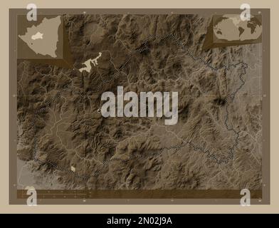 Matagalpa, dipartimento del Nicaragua. Mappa dell'altitudine colorata in tonalità seppia con laghi e fiumi. Mappe delle posizioni ausiliarie degli angoli Foto Stock