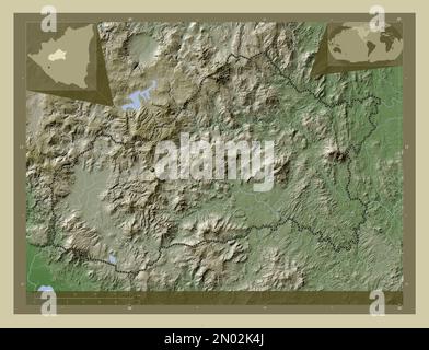 Matagalpa, dipartimento del Nicaragua. Mappa dell'altitudine colorata in stile wiki con laghi e fiumi. Mappe delle posizioni ausiliarie degli angoli Foto Stock