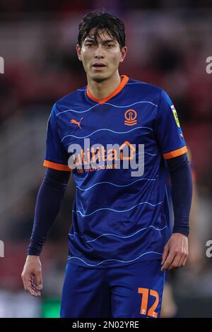 Middlesbrough, Regno Unito. 05th Feb, 2023. Kenny Dougall #12 di Blackpool durante la partita del Campionato Sky Bet Middlesbrough vs Blackpool al Riverside Stadium, Middlesbrough, Regno Unito, 4th febbraio 2023 (Foto di Mark Cosgrove/News Images) a Middlesbrough, Regno Unito il 2/5/2023. (Foto di Mark Cosgrove/News Images/Sipa USA) Credit: Sipa USA/Alamy Live News Foto Stock