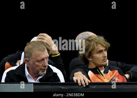 Treviri, Germania. 04th Feb, 2023. Tennis, uomini: Coppa Davis - turno di qualificazione, qualifiche, Germania - Svizzera; Boris Becker (l) e Alexander Zverev si siedono nell'area dei giocatori. Credit: Harald Tittel/dpa/Alamy Live News Foto Stock