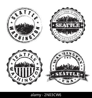 Seattle Washington timbro postale Skyline. Passaporto postale Silhouette. Set di icone vettore circolare città. Affrancatura vintage Illustrazione Vettoriale