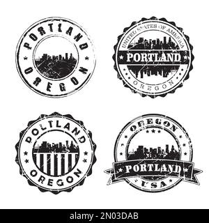 Marchio postale Portland Oregon Stamp Skyline. Passaporto postale Silhouette. Set di icone vettore circolare città. Affrancatura vintage Illustrazione Vettoriale