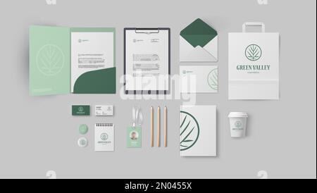 Design di branding per l'azienda cosmetica con logo verde e colori delicati, stile di identità aziendale premium con pacchetto Elements include cartella e busta Illustrazione Vettoriale