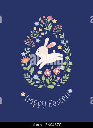 Grande uovo di Pasqua con coniglietto carino e fiori. Carta di soggiorno Buona Pasqua. Illustrazione vettoriale in stile piatto con coniglio cartone animato per biglietti d'auguri, desig Illustrazione Vettoriale