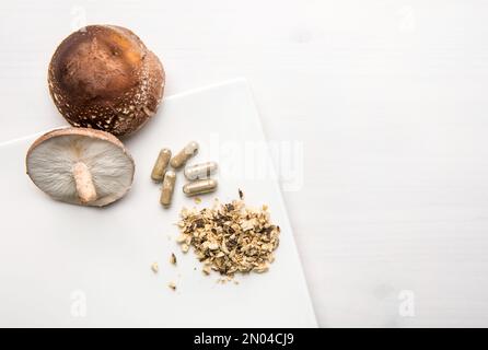 Shiitake Lentinus edoides capsule di supplemento funghi con funghi Shiitake freschi e in polvere su sfondo bianco minimo. Vista piatta. Foto Stock