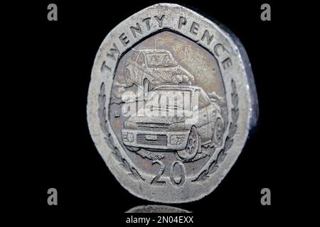 Lato opposto di una moneta da $20P dell'Isola di Man del 1997 che commemora il raduno automobilistico annuale delle isole Foto Stock