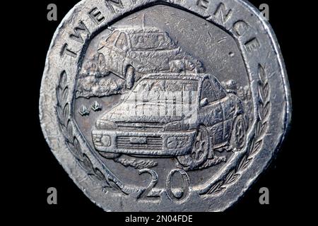 Lato opposto di una moneta da $20P dell'Isola di Man del 1997 che commemora il raduno automobilistico annuale delle isole Foto Stock