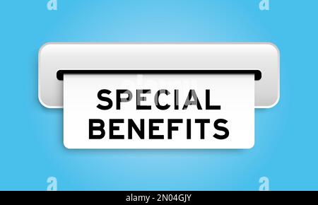 Banner coupon bianco con parola vantaggi speciali da macchina su sfondo di colore blu Illustrazione Vettoriale