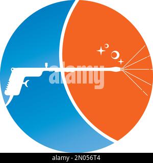 Modello logo pistola di lavaggio a pressione. Disegno vettoriale di pulizia. Illustrazione degli strumenti Illustrazione Vettoriale