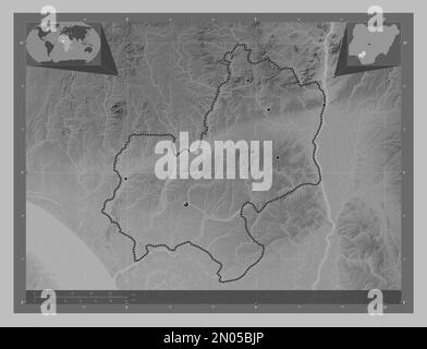 Edo, stato della Nigeria. Mappa in scala di grigi con laghi e fiumi. Posizioni delle principali città della regione. Mappe delle posizioni ausiliarie degli angoli Foto Stock