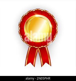 Premio realistico dorato decorato con nastro rosso. Medaglia d'oro 1st posto isolato su sfondo bianco. Badge premium di alta qualità. Illustrazione vettoriale. Illustrazione Vettoriale