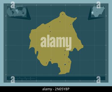 Oyo, stato della Nigeria. Forma a tinta unita. Posizioni delle principali città della regione. Mappe delle posizioni ausiliarie degli angoli Foto Stock