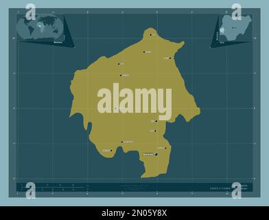 Oyo, stato della Nigeria. Forma a tinta unita. Località e nomi delle principali città della regione. Mappe delle posizioni ausiliarie degli angoli Foto Stock