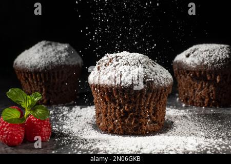 Basso colpo di muffin al cioccolato cosparsi di zucchero a velo. Primo piano, decorato con mirtilli freschi e un rametto di menta Foto Stock