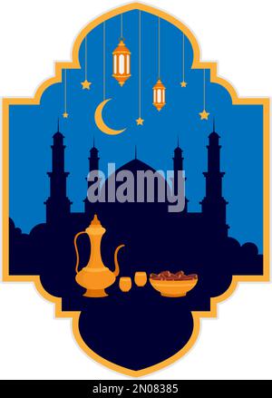 illustrazione design invito per una festa iftar con datteri e bevande in ramadan Illustrazione Vettoriale