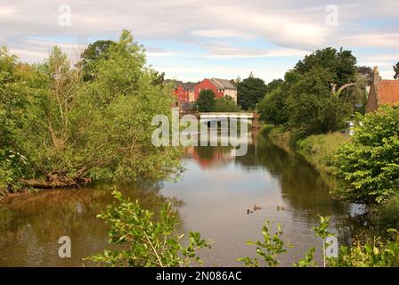 Storico ponte di ferro sul fiume Tyne a Haddington in estate Foto Stock