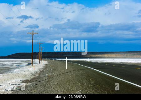 Salt flats e linee elettriche lungo l'autostrada 50 nel Nevada centrale, la strada più solitaria in America, Stati Uniti Foto Stock