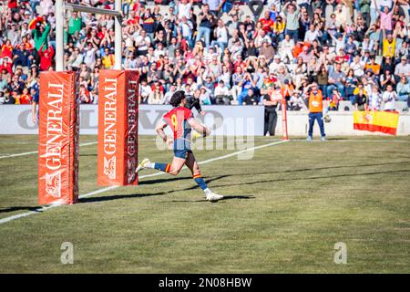 Madrid, Madrid, Spagna. 5th Feb, 2023. Estanislao Bay (Spagna) in azione durante la partita di rugby tra squadre nazionali di.Spagna e Olanda celebrata a Madrid, Spagna all'Estadio Nacional domenica 05 febbraio 2023 valido per il Campionato europeo di rugby (Credit Image: © Alberto Gardin/ZUMA Press Wire) SOLO PER USO EDITORIALE! Non per USO commerciale! Foto Stock