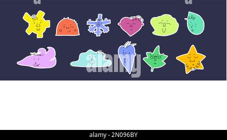 Cute bambini stile emotivo adesivo su meteo e ambiente. I personaggi astratti impostano uno stile semplice per la stampa, i social media e la messaggistica. Illustrazione Vettoriale